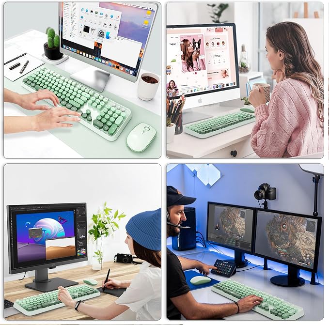 Sage Green Wireless Keyboard and Mouse Combo, Creamy Bubble Keyboard with Round Keys, 2.4GHz Cute Typewriter Style Full Size Mint Green Keyboard with Number Pad for PC Laptop Desktop
