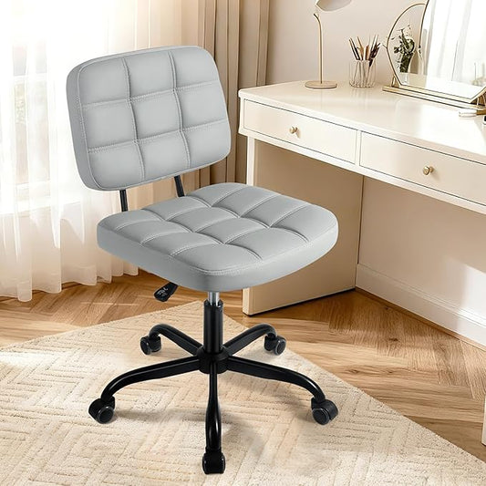 Armless Home Office Desk Chair - Small Swivel Office Desk Chairs with Rolling Wheels - Adjustable PU Leather Computer Chair with Comfy Low Back - For Small Space, Bedroom, Home, Vanity - Light Gray