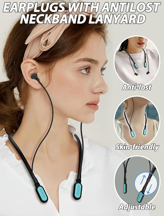 HALLEAST Earplugs for Concert, Noise Reduction, Hearing Protection, with Removable Ear Plug Lanyard, Safety Connector Cord Strap Neckband – SNR 26dB, NRR 14dB, Black Plug + LightBlue Tip