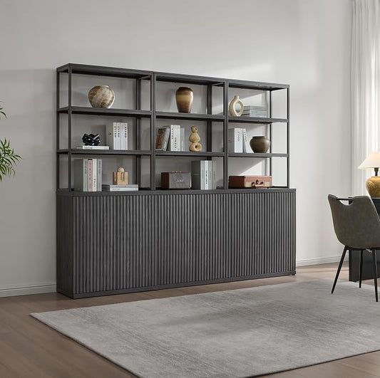 SICOTAS Fluted Book Shelf with Doors - 75" Tall Bookshelf with Storage 6 Tier Large Bookcase with Bottom Cabinet - Modern Metal Book Case for Living Room, Home Office, Kitchen, 3 Pieces