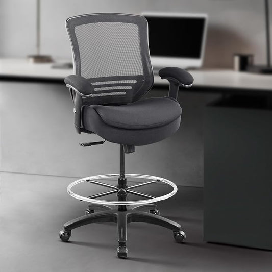 BOLISS 400lbs Ergonomic Office Drafting Chair Mid Mesh Back for Height Adjustable Desk 21inch Foot Ring Height Adjustable Armrest (Black) 