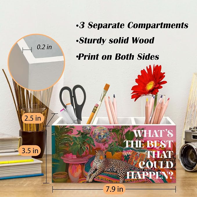 Leopard Disco Pen Holder for Desk, Pink Preppy Coquette Cheetah Pencil Organizer, Maximalist What's The Best That Could Happen Wooden Pen Holder Desk Accessories Decor for Girls Room Dorm
