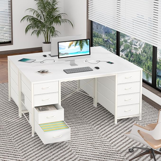YOMILUVE 50 Inch White Computer Desk with 8 Drawers, Home Office Desk with Power Outlets, Work Study Gaming Desk with 8 Fabric Drawers, White