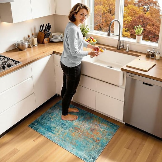 RELEANY Washable Area Rugs 2'x3' Non-Slip Modern Abstract Soft for Living Room Entryway Bedroom Kitchen, Print Pattern, Teal Blue Green Orange Rust Red Coloreful