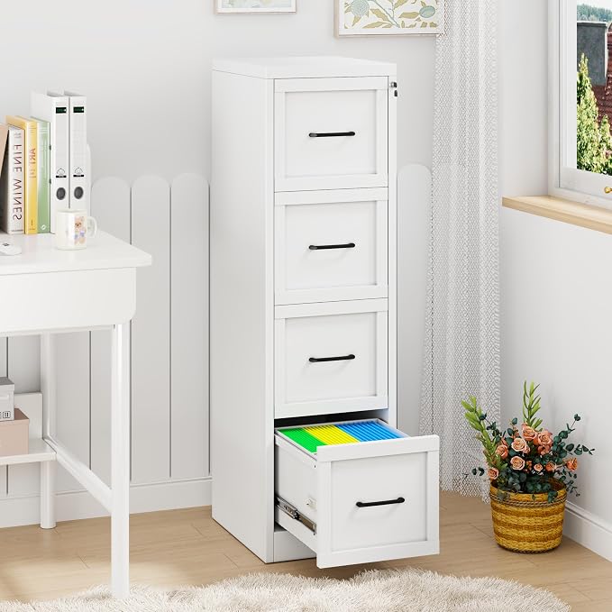GAIOUS Metal Vertical File Cabinet with Lock, Home Office 4 Drawer Cabinet | 4 Drawer Filing Cabinet, Beside Desk File Cabinet, White Lockable Storage Cabinet, Fits Letter/Legal/A4 Size