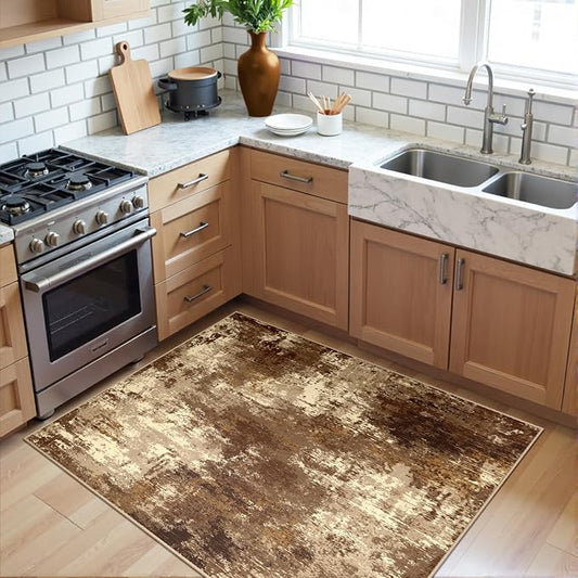 RELEANY Washable Area Rugs 3'x5' Non-Slip Modern Abstract Soft for Living Room Entryway Bedroom Kitchen, Print Pattern, Brown Tan Beige Coffee