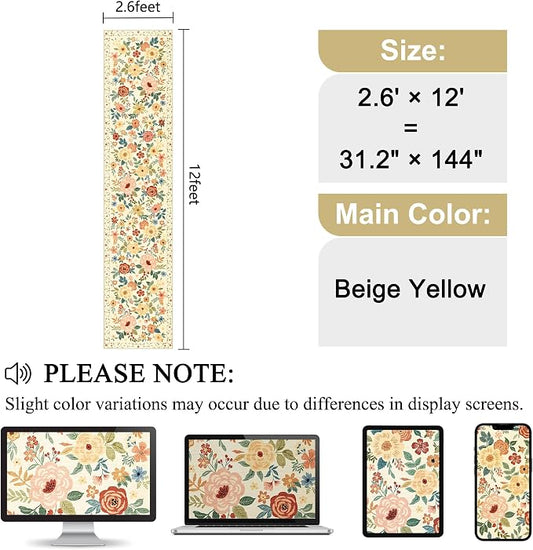 DUKINO 2.6x12 Kitchen Runner Rug, Lightweight Floral Washable Rug for Hallway, Boho Low Pile & Non Slip Backing Soft Floor Carpet for Entryway, Bedroom, Bathroom, Laundry, Beige Yellow
