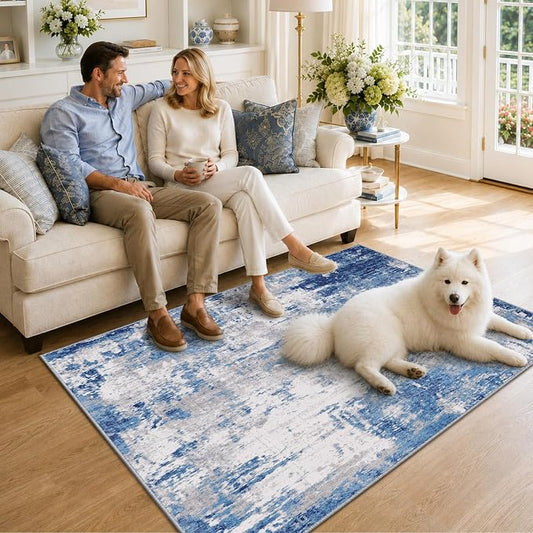 RELEANY Washable Area Rugs 4'x6' Non-Slip Modern Abstract Soft for Living Room Entryway Bedroom Kitchen, Print Pattern, Blue Grey Navy Gray