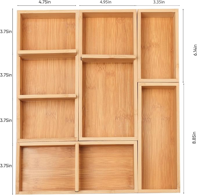 Bamboo Drawer Organizers Set with Removable Dividers, 5PCS Adjustable Multi-Use Wood Storage Organizers(5-9 Grids), Desk Drawer Tray for Bathroom, Office, Dresser, Storage Box for Jewelry, Makeup