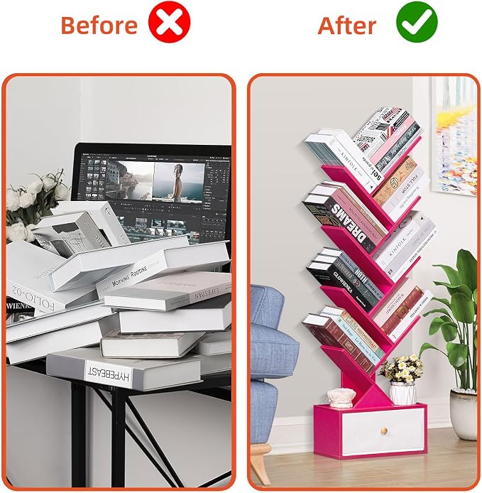 SHEEPAM 8 Tier Tree Bookshelf with Drawer, Free Standing Wood Bookcase for Narrow Space, Storage Organizer Bookshelves for Books, Book Case for Home Office, Living Room, Bedroom - Pink