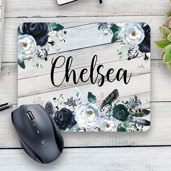 Personalized Floral Mouse Pad, Navy and White Rustic Mouse pad