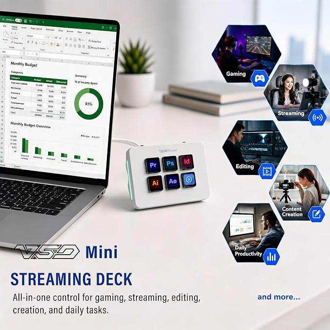 Mini Stream Controller Deck, Gaming Streaming Macro Pad Keypad, Shortcut Keyboard with 6 Programmable LCD Keys, Customizable Icons & RGB Light, USB Soundboard for Video Editing, OBS, PC, Mac