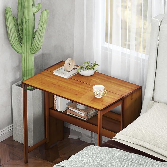Wood Foldable Desk,Space Saving Foldable Table Bamboo Folding Desk Study Table with Bookshelf for Office Home Study Bedroom