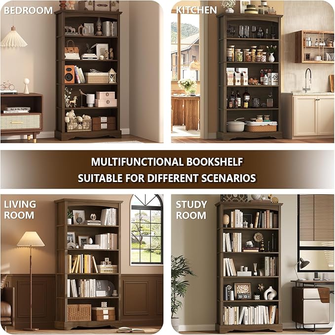 TVU 5-Tier Wooden Bookshelf, 31.5" W x 65" H ×9.9" D Bookshelf with Storage, Floor Standing Modern Style Display Bookcase for Living Room, Office, Study Room, Entryway, Brown