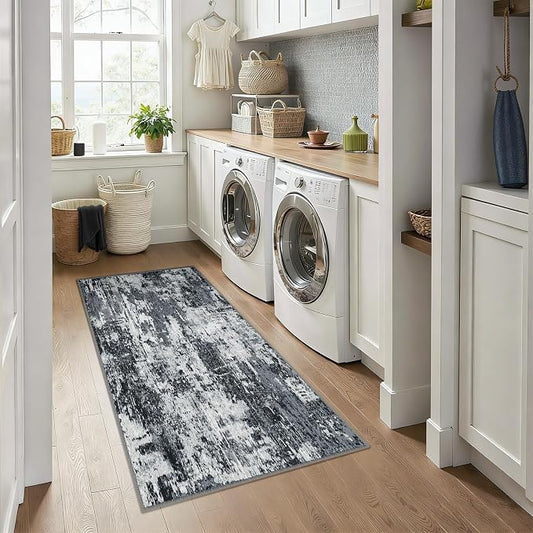 RELEANY Washable Area Rugs 3x6 Non-Slip Modern Abstract Soft for Living Room Entryway Bedroom Kitchen, Print Pattern, Black Navy Blue Gray