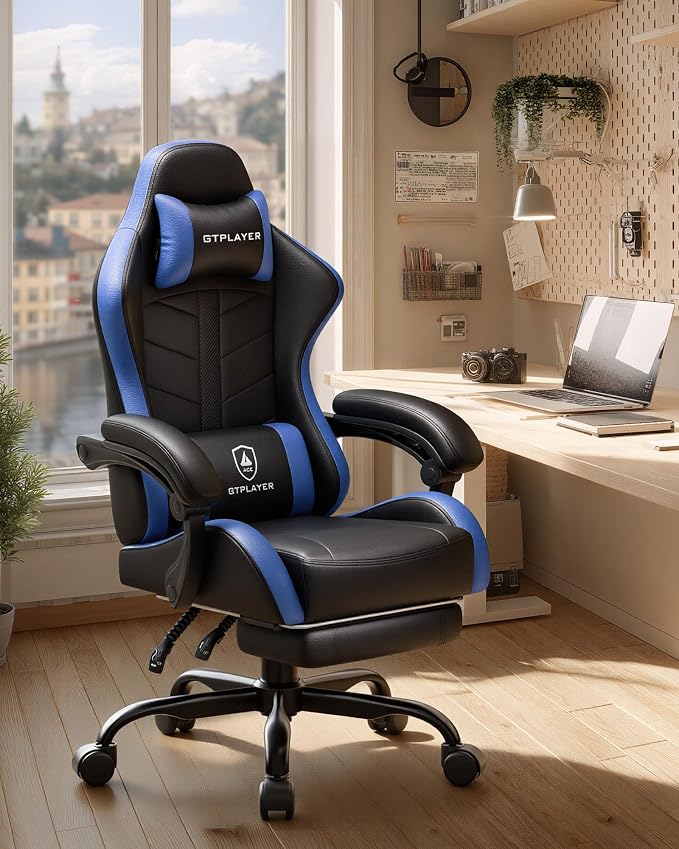 GTPLAYER Gaming Chair with Footrest, Computer Gaming Chair for Adults, Height Adjustable Gamer Chair with 90-155° Recline & Removable Headrest Lumbar Support, Dark Black-Blue