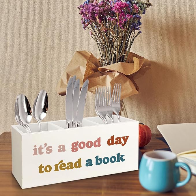Bookmark Holder Decor Wooden Pen Pencil Holder for Desk, Book Club Gifts It's a Good Day to Read a Book Wood Makeup Brush Toothbrush Organizer for Reading Corner Room Library