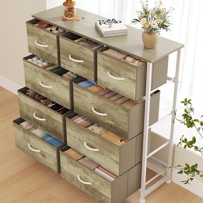 DUMOS Dresser for Bedroom, Storage Organizer with 9 Drawers, Chest of Drawers with Fabric Bins, Sturdy Metal Frame, Wood Tabletop for Guest Room, Closet, Entryway, Oak