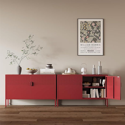 Metal Storage Cabinet,2 Door TV Stand, Metal Mesh Accent Cabinet,Magnetic Door Closure,Low Storage Cabinets with Doors and Shelves