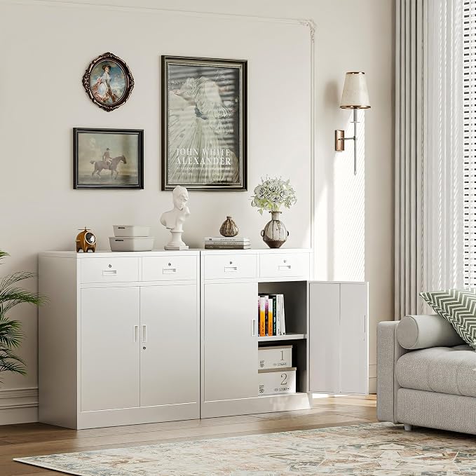 Metal Storage Cabinet, 36 Inch Tall Locking Cabinet with 2 Doors and 2 Drawers, Metal Cabinets with Adjustable Shelf, Garage Cabinets for Kitchen,Garage,Warehouse, White