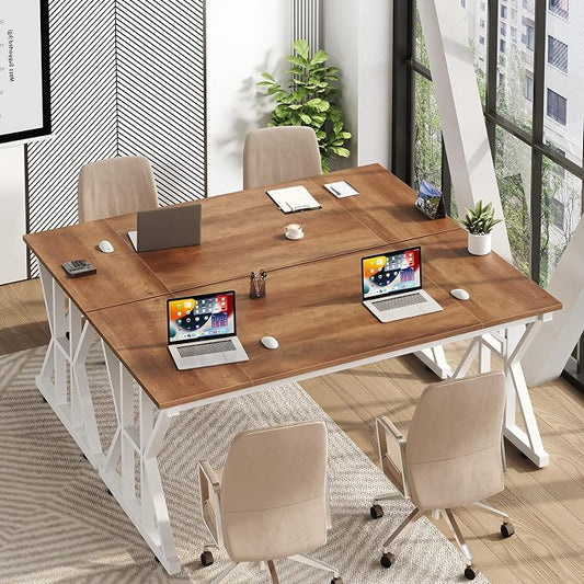 TVU Computer Desk, 55 inch Large Office Desk, Study Writing Table with Thicken Frame, Gaming Desk, Modern Simple Desk for Home Office, Brown