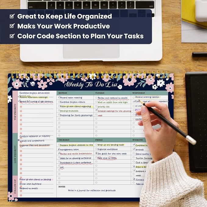 Weekly To Do List Notepad with 52 Undated Sheets(8.5"×11")- Undated Weekly Planner Notepad for Office Desk Accessories and Supplies - Navy Blossom