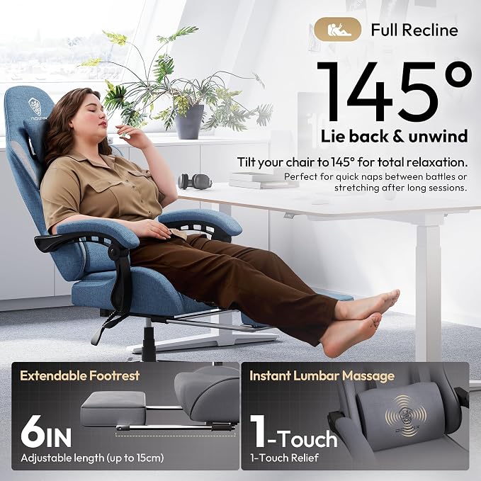 Dowinx Gaming Chair Fabric Big and Tall with Pocket Spring Cushion, Massage Game Chair Cloth with Headrest, Ergonomic Computer Chair with Footrest 350LBS, Blue