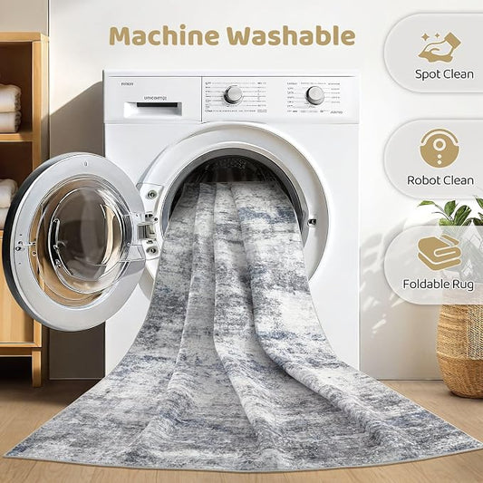 10x14 Area Rugs Living Room: Washable Large Abstract Neutral Modern Soft Rugs Stain Resistant Indoor Floor Non-Slip Accent Carpet for Bedroom Nursery Playroom Office Dining Room Home Decor- Blue Gray