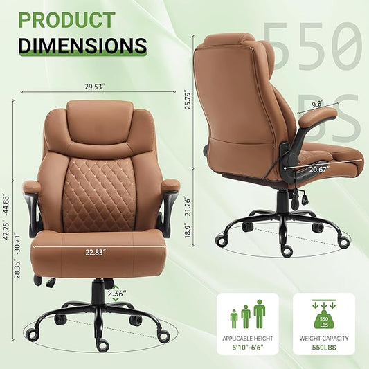 Office Chair, Big and Tall Executive Chairs with Lumbar Support for Back Pain, Breathable Desk Computer Chair with Adjustable Flip-up Armrests,Wide Cushion Swivel Home Office Chair Black,Brown PU
