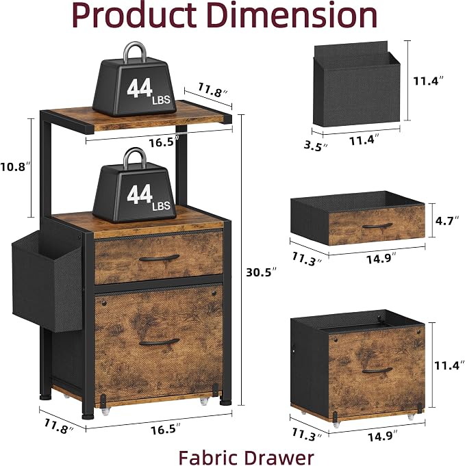 HIGDBFE 2-Drawer File Cabinet with Printer Stand&Dual Shelves, Rustic Brown | 2-Tier Printer Storage, Letter File Drawer, Reversible Side Bag, Smooth Drawer Slides, Rolling Support Board