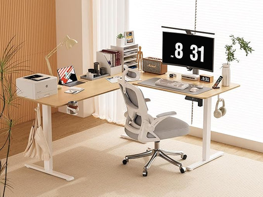 WALKINGDESK 75x61 Inches Reversible L Shaped Standing Desk Height Adjustable with Cup Holder, Electric Corner Computer Workstation for Home Office, Ergonomic Sit Stand up Gaming Desk, Oak