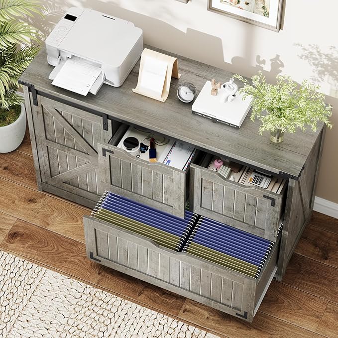 Halitaa 47.8” Farmhouse Lateral File Cabinet with Sliding Barn Door, 3 Drawers Filing Storage Cabinets with Adjustable Shelf, Office Printer Stand for Hanging Files Letter/Legal/A4/F4.Grey