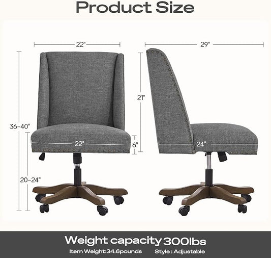 Zihanhome Upholstered Armless Home Office Chair with Wooden Legs, Modern Office Desk Chair No Arms Sewing Chair Adjustable Swivel Desk Chair for Farmhouse Office Study Studio (Dark Gray)
