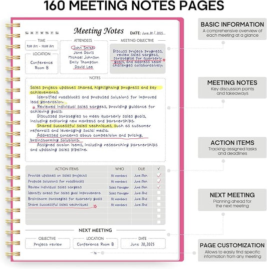 Meeting Notebook for Work Organization - Work Planner Notebook with Action Items, Agenda Planner for Note Taking, 160 Pages (6.9" X 9.9") Project Organizer for Men & Women - Berry Pink