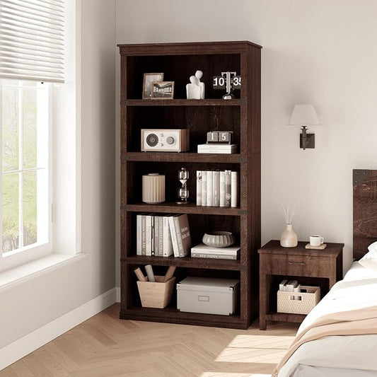 GarveeHome 5 Tier Farmhouse Bookcase, 67.4" Tall Book Shelf with Storage, Wooden Bookshelves 5 Shelf Display Shelvesfor Home Office, Living Room, Bed Room (Grey, 67.4" H x 31.5" W x 12.8" D)