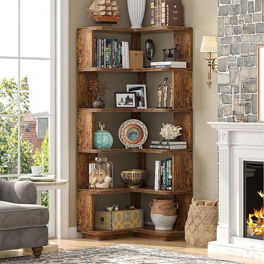 Armocity Corner Book Shelf - 6 Tier Corner Bookshelf Etagere Bookcase with Baffle, Freestanding L Shaped Display Shelf Stand for Home Office, Living Room, Bedroom, Kitchen, Rustic Brown