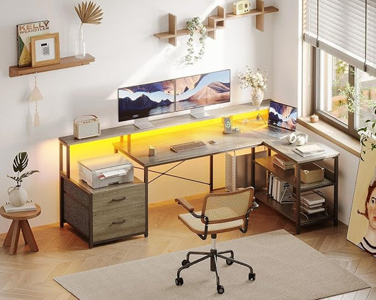 ODK L Shaped Desk with File Drawer, 66" Reversible L Shaped Computer Desk with Power Outlet & LED Strip, Office Desk with Storage Shelves, Gaming Desk with Monitor Shelf, Corner Desk, Grey Oak