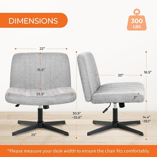 NEO CHAIR Criss Cross Chair No Wheel Vanity Desk Chair Wide Armless Cross Legged Office Comfy Makeup Adjustable Computer Task for Home Office Fabric (Grey)