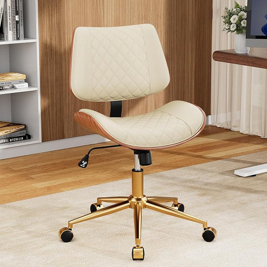 Home Office Desk Chair with Swivel Wheels, Modern PU Leather Armless Office Chair, Small Mid Back Computer Chair for Home Office, Reading Meeting Room (Beige, Gold Wheels)