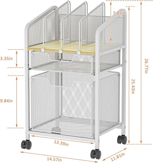 Rolling File Cabinet with Adjustable Dividers, Mobile Filing Cabinet with 2 Storage Drawers on Lockable Wheels, Hanging File Organizer Beside Under Desk for Office, Home, White(Patent Pending)