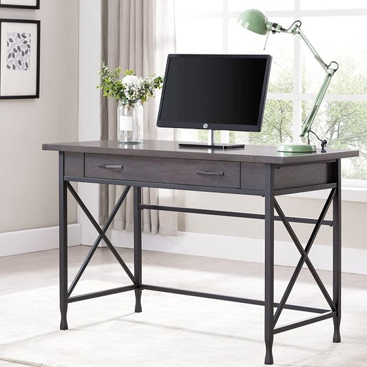 Leick Home 23400 Chisel & Forge Writing Computer Desk with Drop Front Keyboard Drawer, Smoke Gray and Matte Black