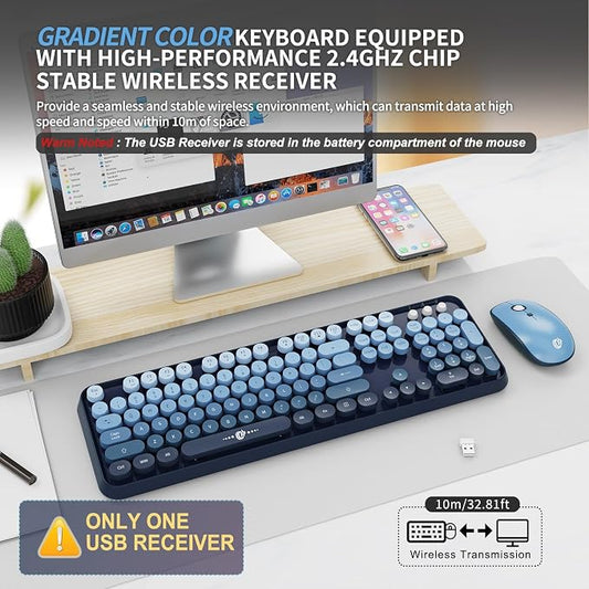 FOPETT Wireless Keyboard and Mouse Combo - 2.4G Full-Sized Cute Colorful Mouse and Keyboard with 104 Round Keys Retro Typewriter Keyboard for Laptop/Windows/PC - Blue Gradient