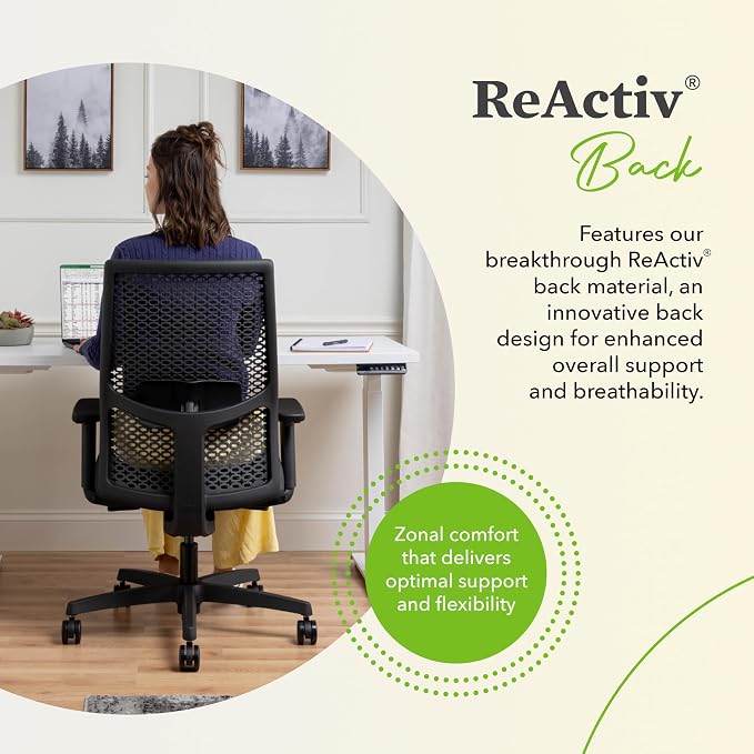 HON Ignition 2.0 ReActiv Ergonomic Office Chair, Mesh Desk Chair with Lumbar Support, Synchro‑Tilt Recline, Height and Width Adjustable Arms, Swivel Wheels, Black Frame, Black