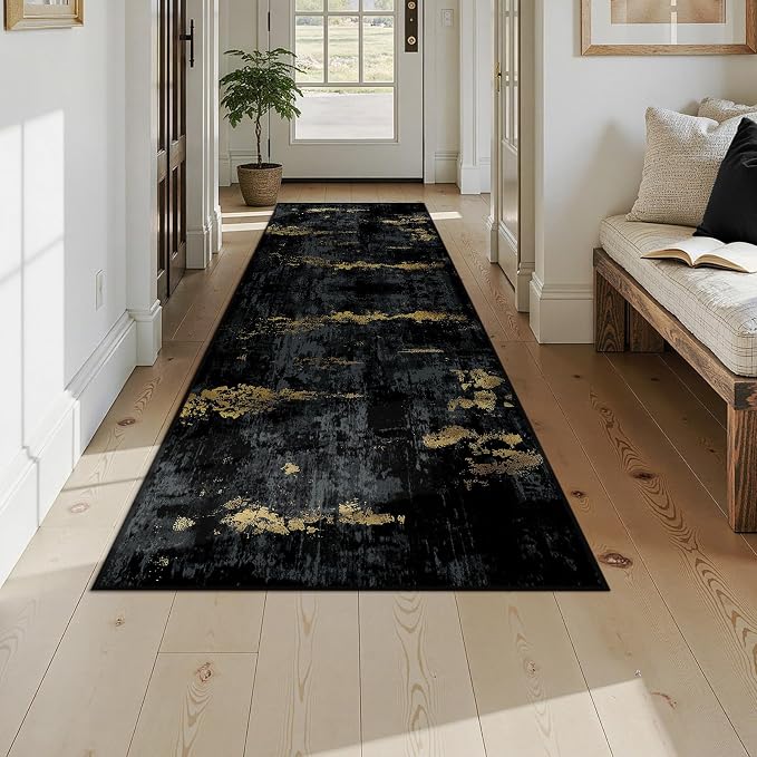RELEANY Washable Area Rugs 3x9 Non-Slip Modern Abstract Soft for Living Room Entryway Bedroom Kitchen, Print Pattern, Dark Black Gold