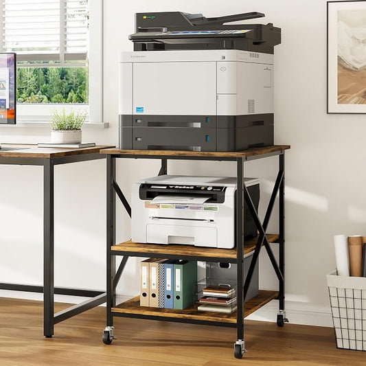 Warmiehomy 24"x24"x30" Large Printer Stand with Storage, 3 Tier Rolling Printer Cart Table, Mini Fridge Stand with Wheels, Use for 3D Laser Printer Home Office, Rustic Brown