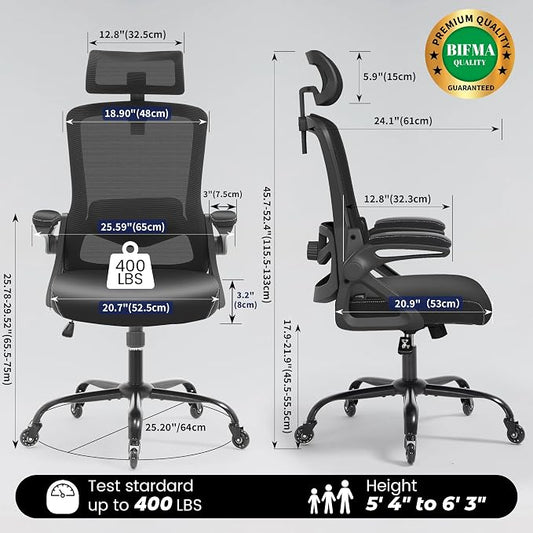 Fizzin Office Chair, Ergonomic Office Chair with Adjustable Headrest Lumbar Support Computer Chair, Desk Chair Comfy with Flip-up Armrests, Gaming Chairs for Adults Home Office (Leather, Black)
