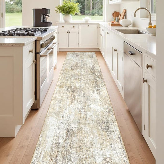 RELEANY Washable Area Rugs 2'x10' Non-Slip Modern Abstract Soft for Living Room Entryway Bedroom Kitchen, Print Pattern, Neutral Brown Gray
