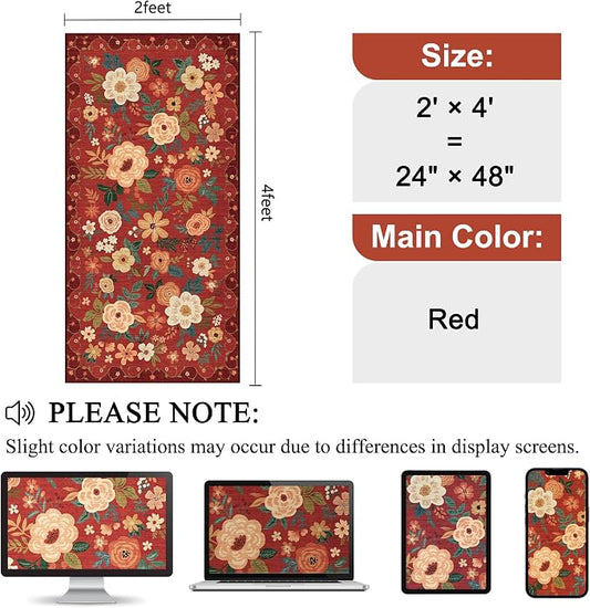 DUKINO 2x4 Rug for Entryway, Washable Kitchen Floral Runner Rug with Non Slip Backing, Low Pile Soft Boho Carpet for Kitchen, Hallway, Entryway, Laundry, Bedroom, Red