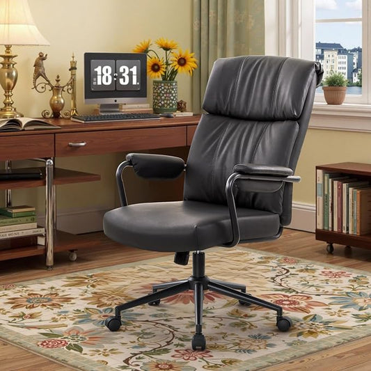 IWMH Home Office Desk Chair, Comfy Ergonomic Mid Century Modern Faux Leather Fabric Office Chair with Lumbar Support, Adjustable Height High-Back Swivel Computer Chairs, (Black)