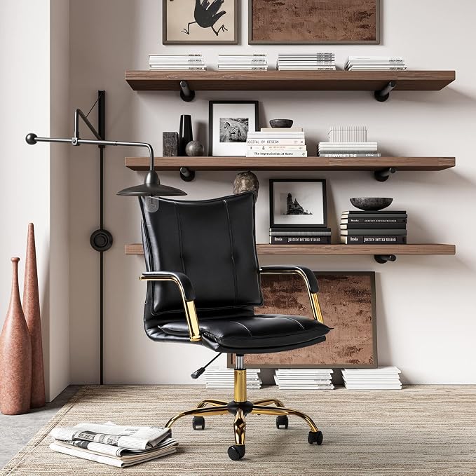 HULALA HOME Faux Leather Home Office Desk Chair, Adjustable Swivel Computer Chair with Golden Legs and Arms, Comfy Upholstered Task Chair, Black